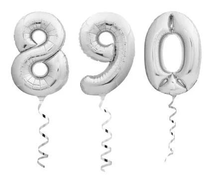 Silver numbers 8, 9, 0 made of inflatable balloons with ribbons isolated on Stock Photos