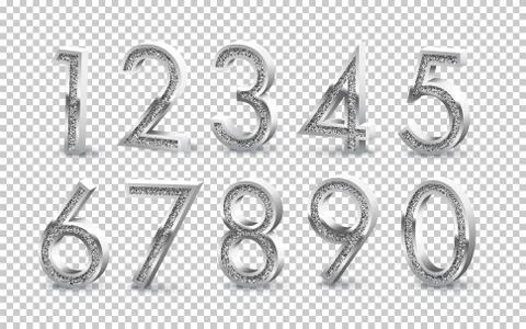 Silver numbers isolated on transparent background. Vector design elements. 스톡 일러스트