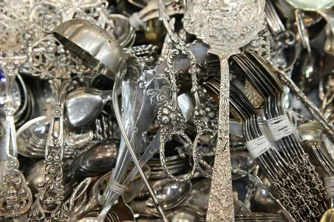 Silver, objects, on the flea market of goods Stock Photos