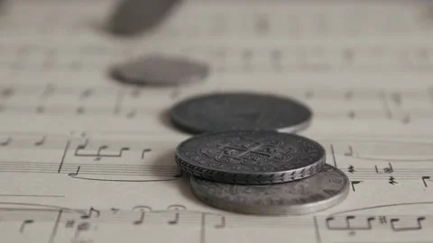 Silver Old Coins Fall on the sheet of music Close Up. Payment For Creative Work Stock Footage 161385056
