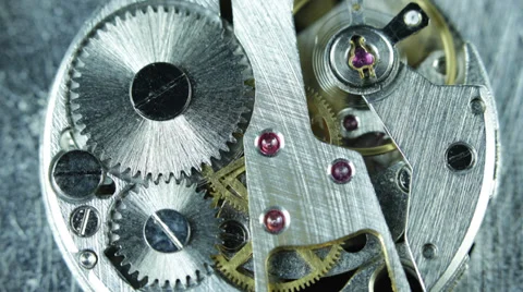 Silver Old Mechanism Clock Gearwheels Watch System Jewels Engine Drive Working Stock Footage 35870979