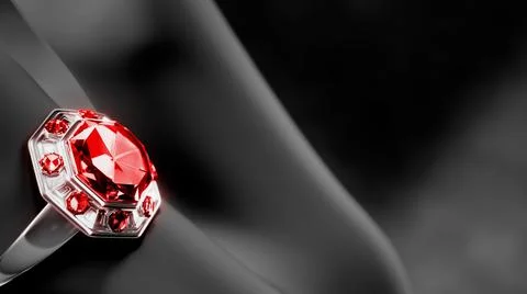 Silver or white gold ring on finger with red ruby gem stone, fictitious 스톡 일러스트