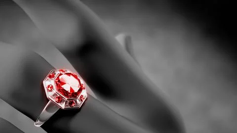 Silver or white golden ring on finger with red ruby gem, fictional イラスト素材