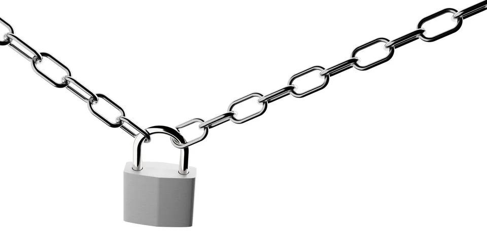 Silver padlock connecting two hanging chains isolated on white background, .. Stock Illustration