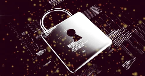 Silver padlock with keyhole over digital data and glowing particles animation Stock Footage 306214696