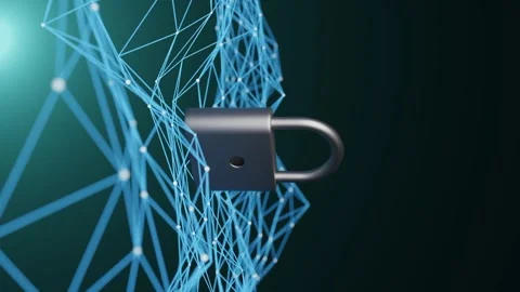 Silver padlock placed on a blue abstract polygonal grid background. Concept of Stock Footage 296631966