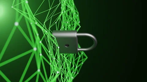 Silver padlock placed on a green abstract polygonal grid background. Concept of Stock Footage 296627776