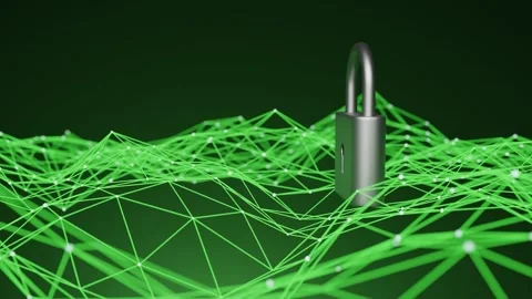 Silver padlock placed on a green abstract polygonal grid background. Concept of Stock Footage 296632465