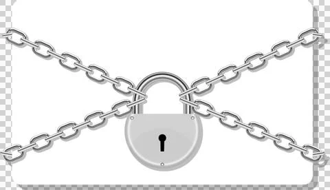 A silver padlock is secured by silver chains against a white background, se.. Stock Illustration
