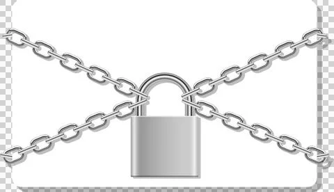A silver padlock is secured by two crossing silver chains, symbolizing prot.. Stock Illustration