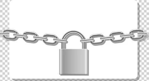 A silver padlock secures a thick silver chain against a bright white backdr.. Stock Illustration