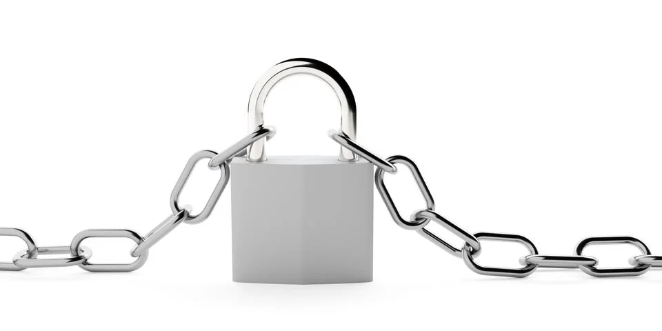 Silver padlock standing on floor connecting two chrome chains isolated on w.. Stock Illustration