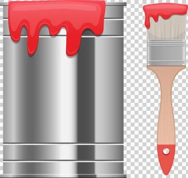 A silver paint can with red paint dripping down the side and a paint brush .. Stock Illustration