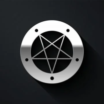 Silver Pentagram in a circle icon isolated on black background. Magic occul.. Stock Illustration