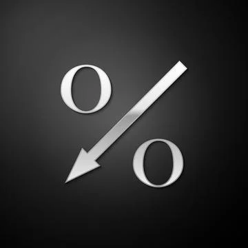 Silver Percent down arrow icon isolated on black background. Decreasing Stock Illustration