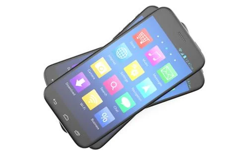 A silver phone width a blue screen and icons, isolated on white background, 3d Stock Illustration