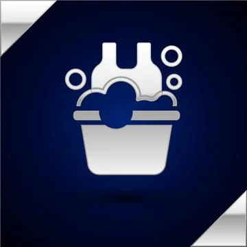 Silver Plastic basin with soap suds icon isolated on dark blue background. Bo Illustrazione stock
