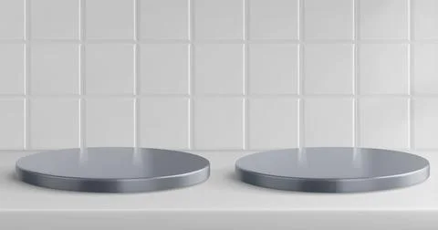 Silver podium on kitchen, bathroom tile background Illustrazione stock