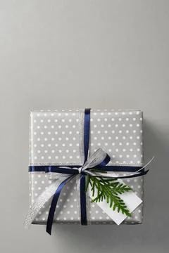 Silver polka dot gift box with silver and dark blue ribbon. Vertical banner,  Stock Photos