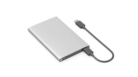 Silver power bank with USB-C cable Stock Footage 332398234