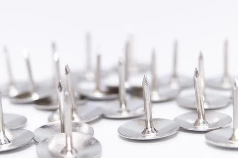 Silver Push Pins on White Background, Close-Up View, Office Supplies, Stati.. Stock Photos