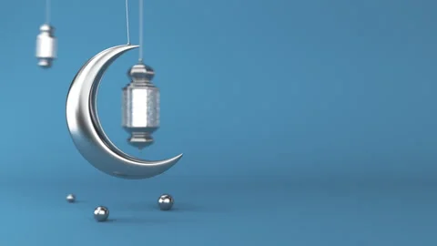 Silver Ramadan candle lanterns and moon are hanging and swing on clean blue Vidéo 303439491