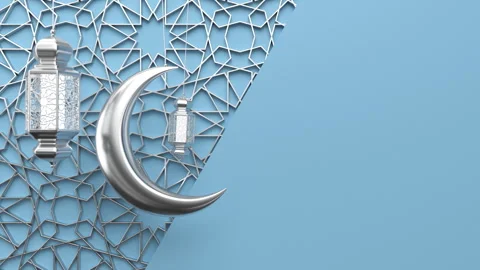 Silver Ramadan candle lanterns and moon are hanging and swing on blue background Vidéo 303648685