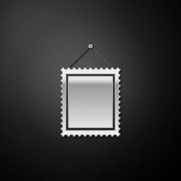 Silver Rectangular picture frame hanging on the wall icon isolated on black Stock Illustration