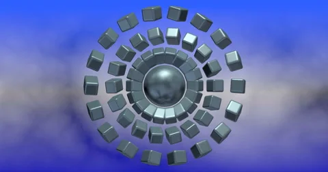 Silver reflective cubes, sphere forming circular dispersal patterns Video stock 67099270