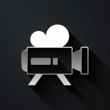 Silver Retro cinema camera icon isolated on black background. Video camera... Stock Illustration