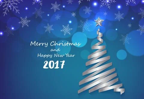 Silver ribbon make Christmas tree shape on blue snowflakes background Stock Illustration