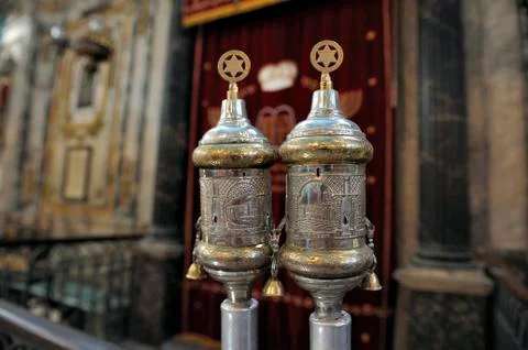 Silver rimonims in the synagogue Stock Photos