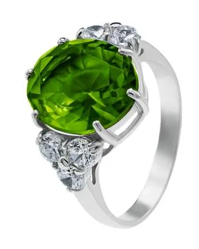 Silver ring with emerald isolated on white Stock Photos