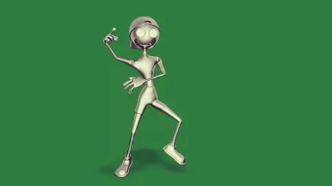 A silver robot with green screen background and 3d character pointing at Stock Footage 335977715