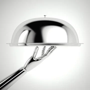 Silver robot hand with silver tray. 3d rendering Stock Photos
