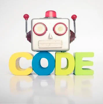 Silver robot head with the word CODE isolated Stock Photos