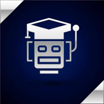 Silver Robot icon isolated on dark blue background. Artificial intelligence Stock Illustration