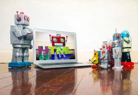 Silver robot teaching about code Stock Photos