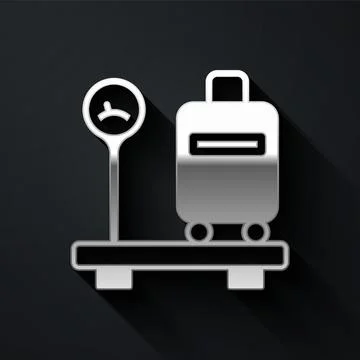 Silver Scale with suitcase icon isolated on black background. Logistic and 스톡 일러스트