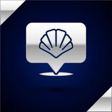 Silver Scallop sea shell icon isolated on dark blue background. Seashell sign Stock Illustration