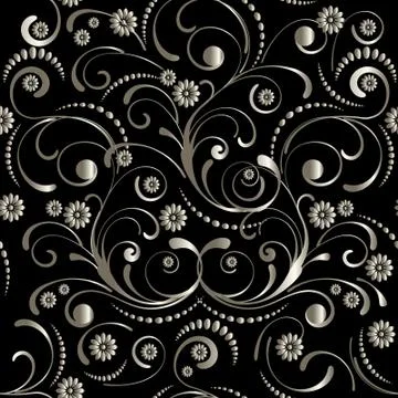 Silver seamless floral pattern on a black background Ilustración de archivo