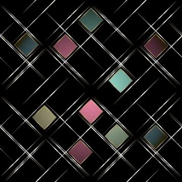 Silver seamless geometric pattern on a black background. Multi-colored squar Ilustración de archivo