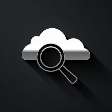 Silver Search cloud computing icon isolated on black background. Magnifying.. Stock Illustration