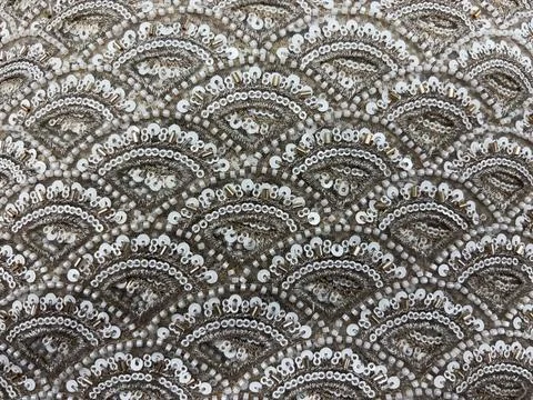 Silver Sequin and Bead Hand Embroidery on Net Fabric Stock Photos