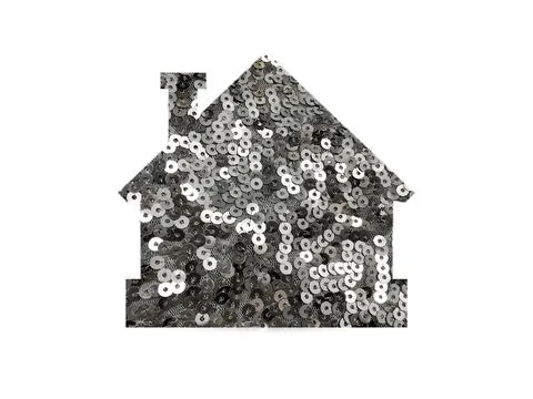 Silver sequins fabric texture. Shot through the cut-out silhouette of the house. Stock Photos