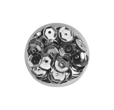Silver sequins on white background, top view Stock Photos