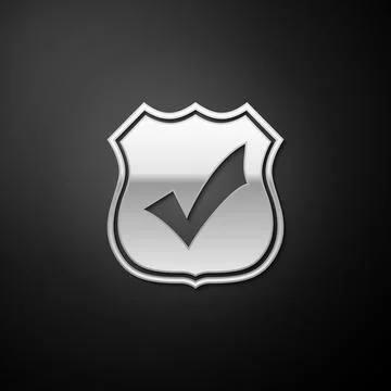 Silver Shield with check mark icon isolated on black background. Protection Stock Illustration