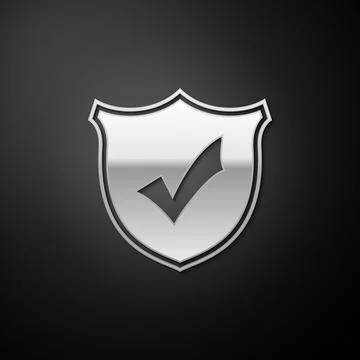 Silver Shield with check mark icon isolated on black background. Long shadow Stock Illustration