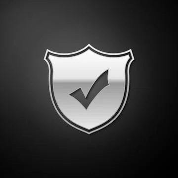Silver Shield with check mark icon isolated on black background. Protection Stock Illustration