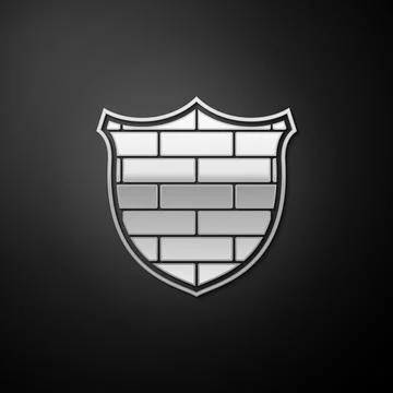 Silver Shield with cyber security brick wall icon isolated on black background Stock Illustration